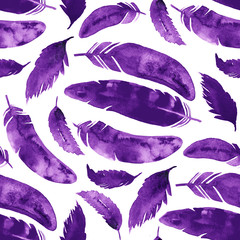 Ethnic seamless pattern. Violet feathers on white background.