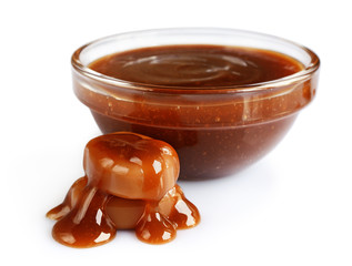 Liguid homemade caramel in glass bowl