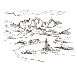 Hand drawn alpine village. Landscape with mountains, trees, clouds, countryside. 
