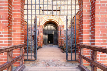 Main entrance into the medieval castle. Trakai Island Castle, Lithuania.