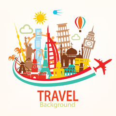 world travel, landmarks silhouettes icons set