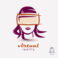 womans head in VR glasses icon, stylized logo template for virtu