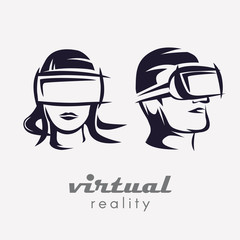 mans and womans  head in VR glasses icon, stylized logo template