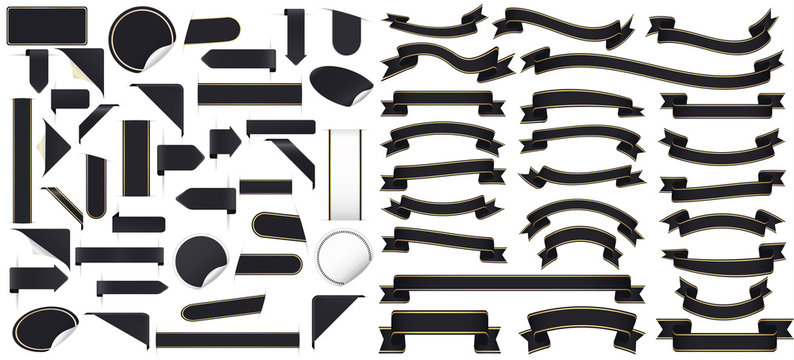 set of black design elements and ribbon banners