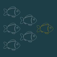Leadership business concept with crowd fish  following behind the leader. Vector outline illustration.