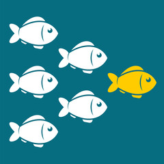 Naklejka premium Leadership business concept with crowd fish following behind the leader. Vector illustration.