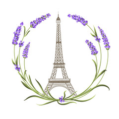 Fototapeta na wymiar Eiffel tower with lavender flowers isolated over white background. The lavender elegant card. Eiffel tower symbol with spring blooming flowers for wedding invitation. Vector illustration.