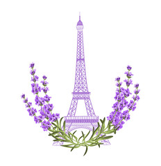 Eiffel tower with lavender flowers isolated over white background. The lavender elegant card. Eiffel tower symbol with spring blooming flowers for wedding invitation. Vector illustration.