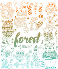 Vector forest elements in doodle childish style