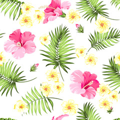 Fototapeta na wymiar Seamless tropical flower. Tropical flowers and jungle palms. Beautiful fabric pattern with a tropical flowers isolated over white background. Blossom plumeria for seamless pattern background.
