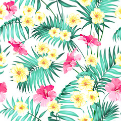Seamless tropical flower. Plumeria flowers and jungle palms. Beautiful fabric pattern with a tropical flowers isolated over white background. Blossom flowers for seamless pattern background.