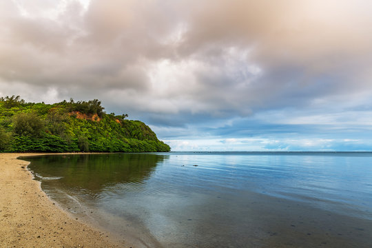 Idyllic scene of a calm lagoon with a tropical beach