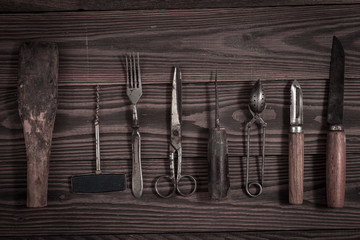 vintage objects on wooden background vintage concept and Rustic