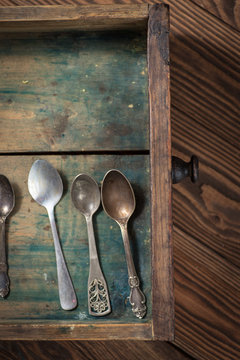 vintage  spoons in wooden box,vintage concept and Rustic