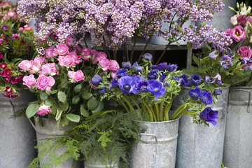 Red and blue spring flower arrangement: anemones, ranoncullus and