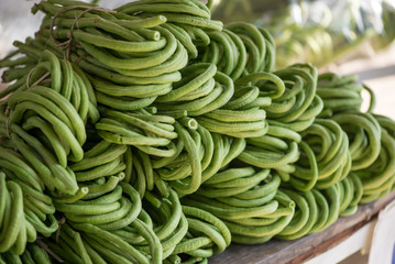 Bundles of organic common beans for sale at a local farmer's market. Food and health concept.