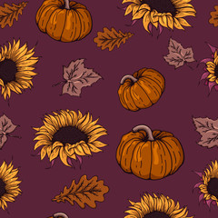 Autumn pattern with sunflowers and pumpkins