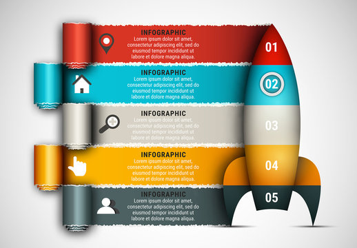 Rocket and Paper Tear Element Business Infographic with Grayscale Icon Set