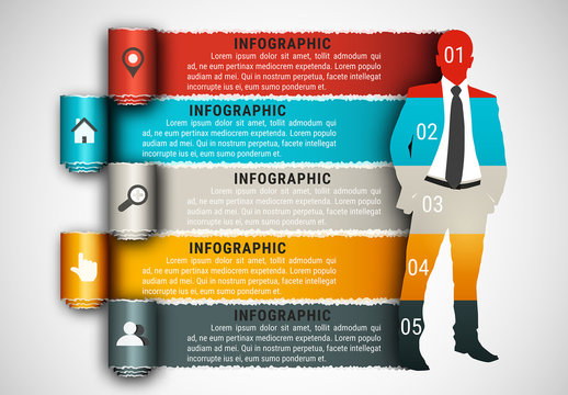 Businessperson and Paper Tear Element Business Infographic with Grayscale Icon Set