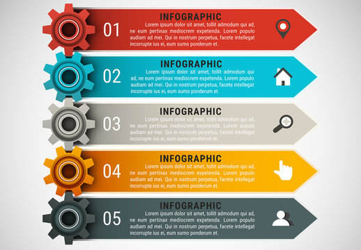 Small Gear and Arrow Element Business Infographic with Grayscale Icon Set