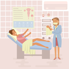 Happy family concept. Woman gives birth to a child. Midwife, baby on Maternity ward background. Gynecology, childbirth, People in flat design. Cartoon characters, illustration vector eps10