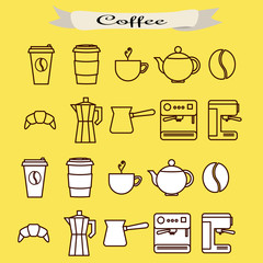 Set of coffee vector line icons. Coffee cups, cezve and machine.