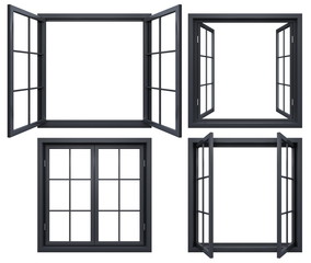 Collection of black window frames isolated on white
