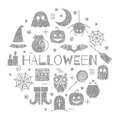 Halloween silver icons set in circle shape