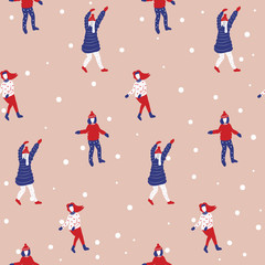 Winter seamless pattern with cartoon girls. Young girls dancing on a snowy hill. Christmas time. Funny and simply cute pattern. Vector