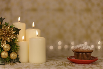Christmas greeting card with tree, candles, lights and cookie.
