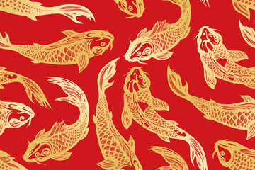 Seamless pattern with koi carp fish. Pond. Background in the Chinese style. Hand drawn. 