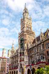 View on the main town hall with clock tower on Mary's square in Munich, Germany