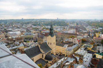 Lviv from a height, panoramic photo, tilt-shift.