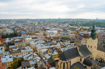 Lviv from a height, panoramic photo, tilt-shift.