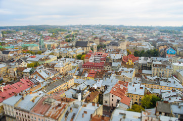 Fototapeta na wymiar Lviv from a height, panoramic photo, tilt-shift.