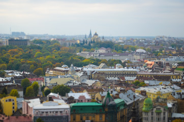 Fototapeta na wymiar Ancient Lviv view from height, tilt-shift.