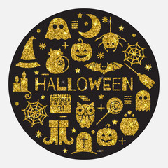 Halloween gold icons set in circle shape
