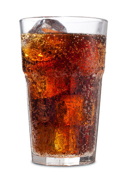 glass of cola with ice cubes isolated on white background