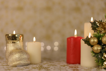 Greeting card with Christmas tree, candles, lights and decorations.