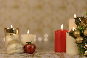 Greeting card with Christmas tree, candles, lights and apple decoration.