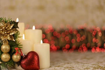 Greeting card with Christmas tree, candles, lights and heart decoration.