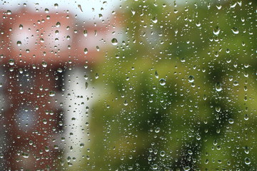 Rain drops on window with building and green tree in background 