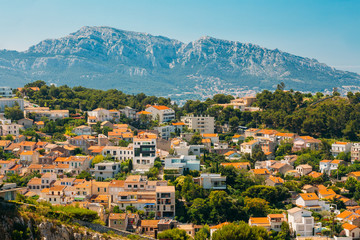 Fototapeta na wymiar Urban scenic view, cityscape of Marseille, France. Sunny with bright blue sky.