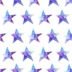 Seamless pattern of Colorful watercolor star icon. Vector illustration on white background. Blue and violet. Isolated. Hand-drawn