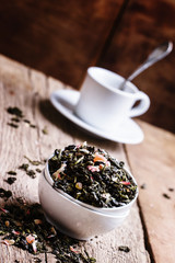 Ceylon green tea with petals of cherry blossom and dried fruits,