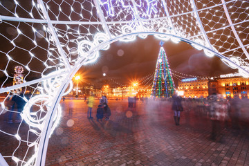 Christmas tree, illuminations and decorations in town Oktyabrska