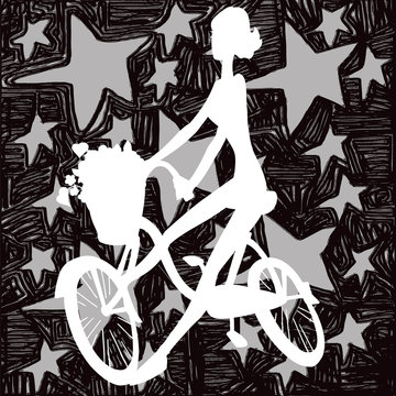 Silhouette of girl cyclist on a stars background