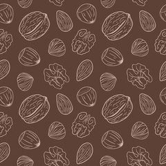 Seamless pattern with assorted nuts: walnuts, almonds, hazelnuts. Whole and shelled nuts mix. Vector hand drawn seamless pattern for packaging, textile, interior, background and other designs. 