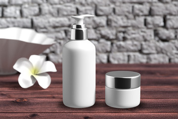 Fototapeta na wymiar Cosmetic packaging template white / silver set with white flower on wood table organic feeling 3d rendered