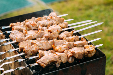 Grilled Barbecue Meat Shashlik Shish Kebab Pork Meat Grilling On Metal Skewer.